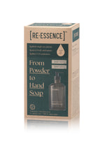 Startsæt til flydende håndsæbe, Neutral, fra RE-ESSENCE: Glasflaske med pumpe, tragt + to poser pulver