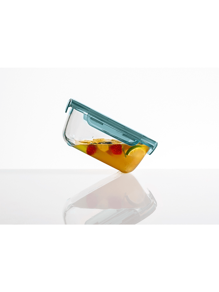 Ovnfast Evolution glasbeholder med lækkefrit og lufttæt klik-låg fra Bormioli Rocco, 14 cm x 18 cm, gråt låg
