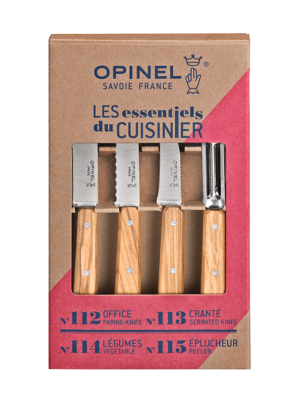 Sæt med fire urteknive i rustfri stål og oliventræ fra Opinel
