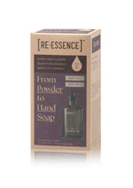 Startsæt til flydende håndsæbe, Lavendel/fyrrenål, fra RE-ESSENCE: Glasflaske med pumpe, tragt + to poser pulver