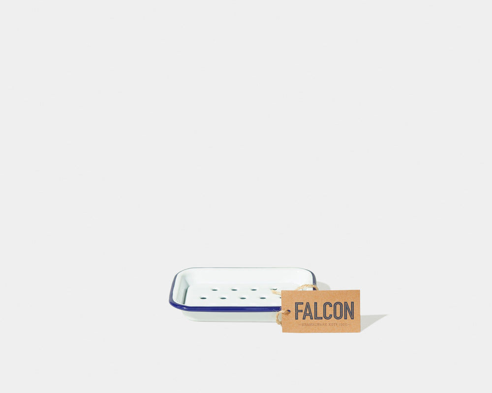 Sæbeskål i emalje fra Falcon, hvid med blå kant