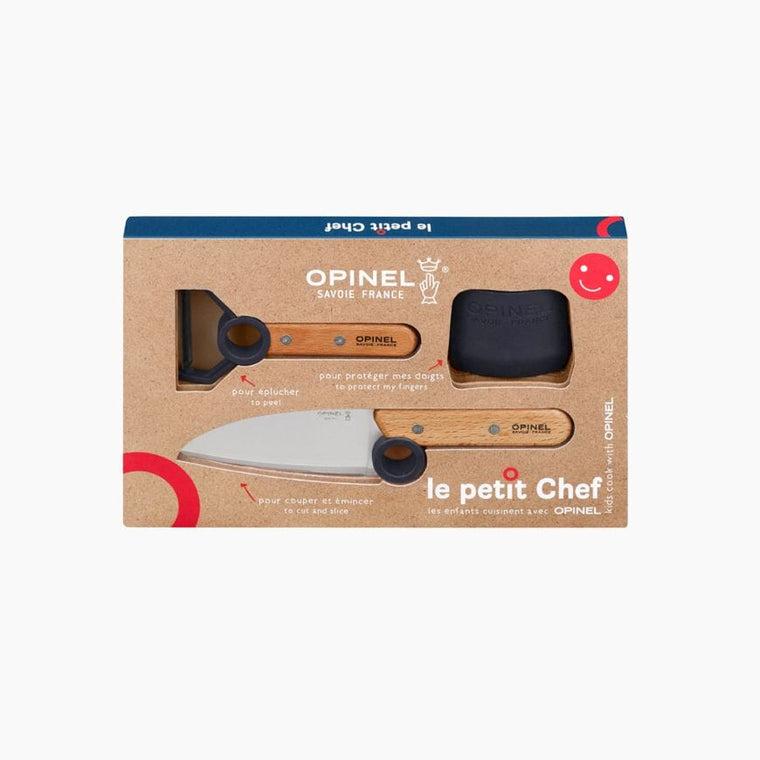 Opinel Le Petit Chef sæt med skrællekniv, kokkekniv og fingerbeskyttelse til børn, blå
