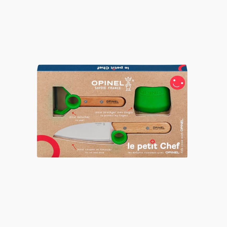 Opinel Le Petit Chef sæt med skrællekniv, kokkekniv og fingerbeskyttelse til børn, grøn