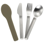 Børnebestik i rustfri stål med silikonebetræk, sæt med ske, kniv og gaffel fra Haps Nordic, Olive