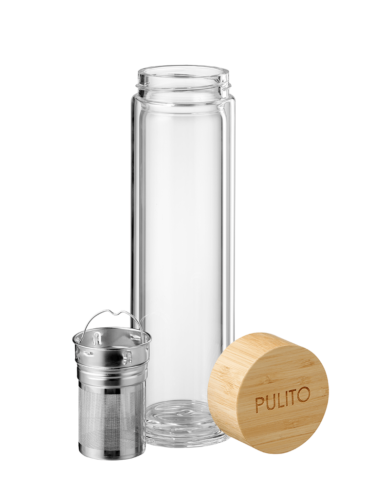 Pure termo-tebrygger i dobbeltlag glas med bambuslåg fra Pulito, 500 ml