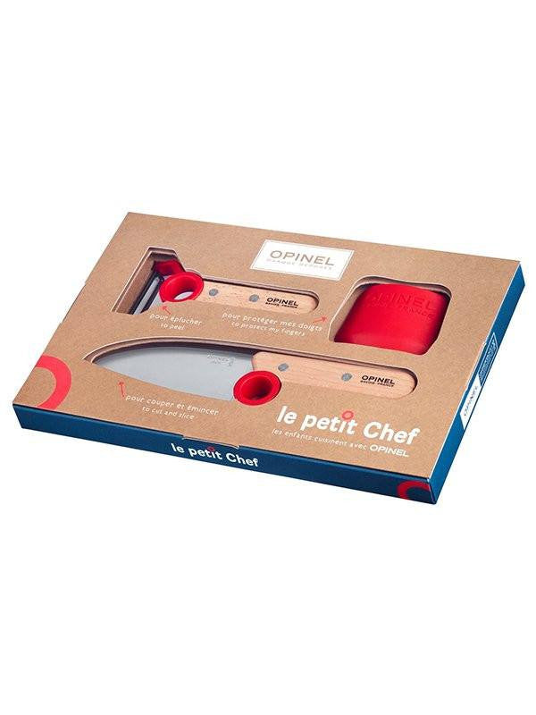 Opinel Le Petit Chef sæt med skrællekniv, kokkekniv og fingerbeskyttelse til børn, rød