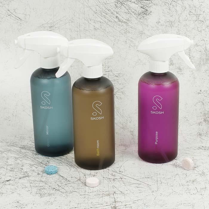 Skosh sprayflaske af genanvendt plast + en rengøringstablet - 500 ml, glas og spejle m. sæbeduft